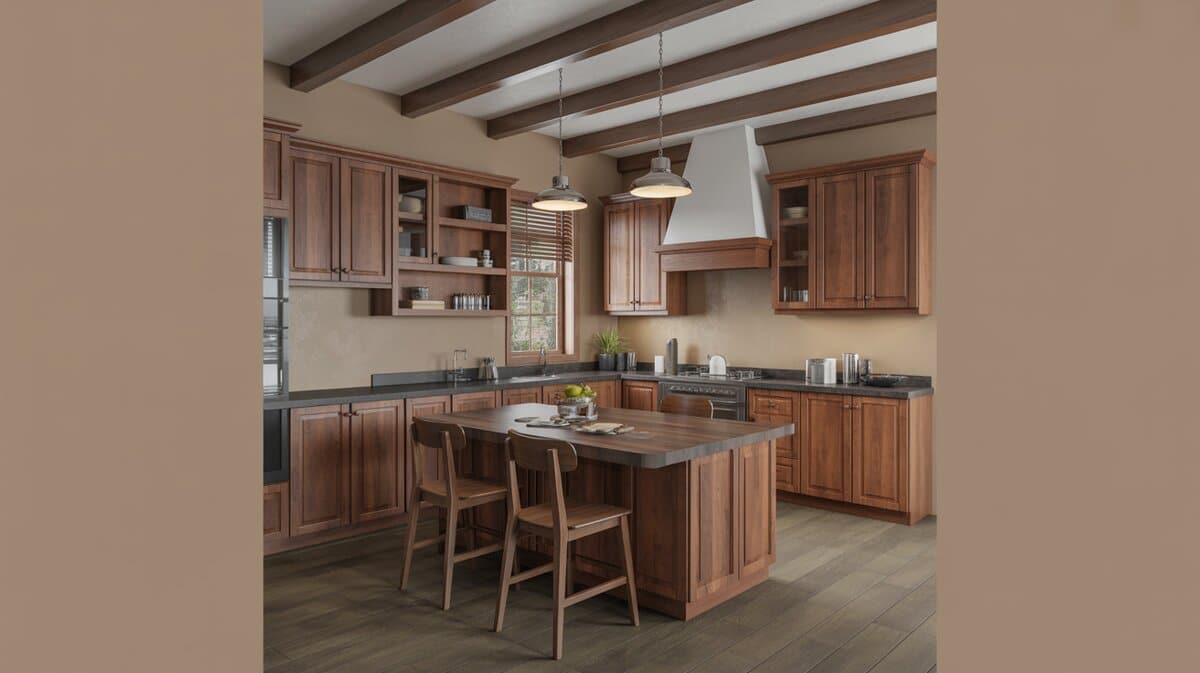 Rustic raised panel wood cabinets with a butcher block dining island