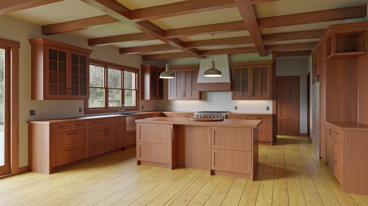 Craftsman kitchen with oak cabinets, pine floors and exposed ceiling beams