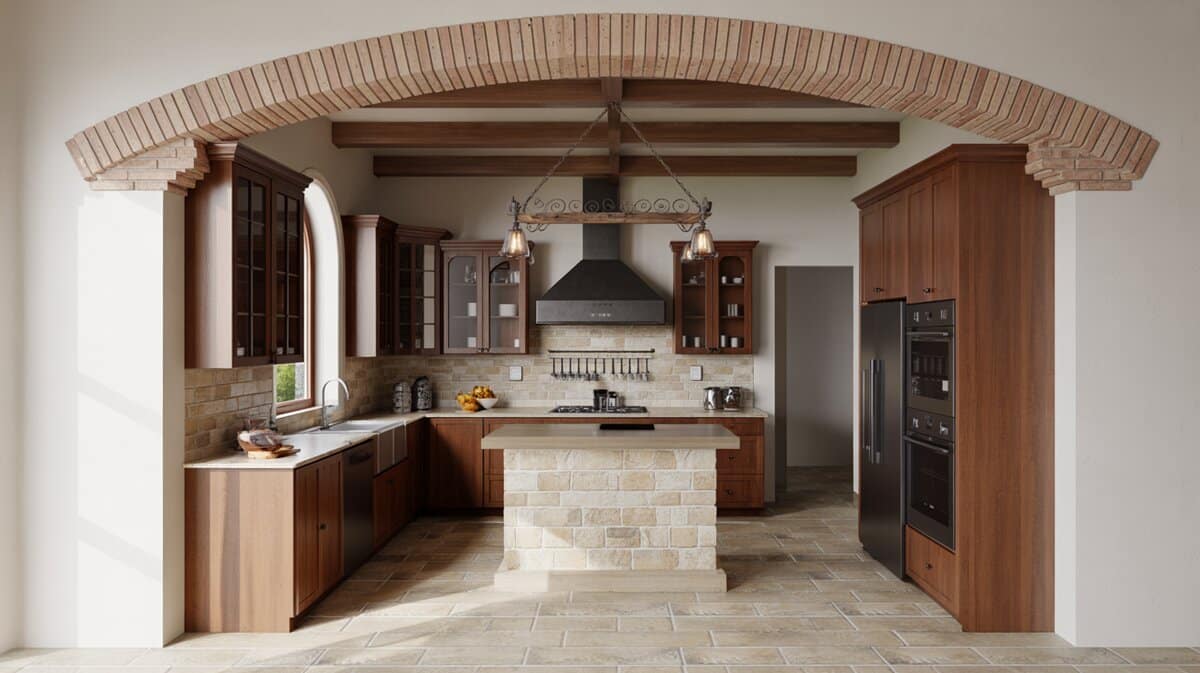 Tuscan kitchen with warm wood cabinets beneath an arched brick ceiling