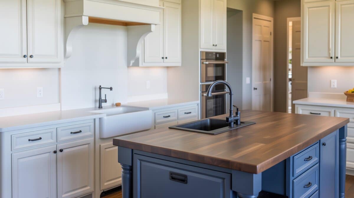 Modern farmhouse with white cabinets, navy island and walnut butcher block top