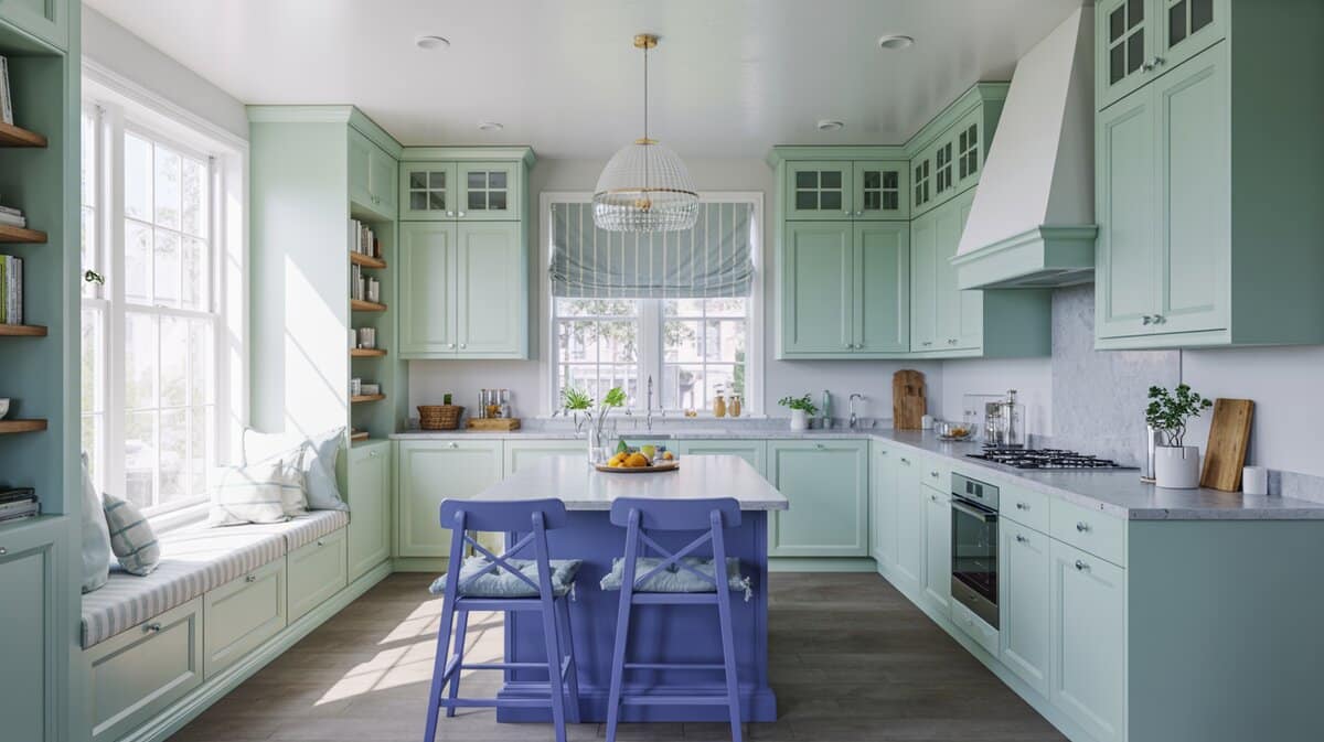 Cottage kitchen with soft aqua cabinets, blue island and window seat bench