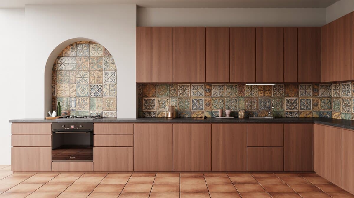 Warm wood cabinets with a vibrant Spanish talavera tile backsplash and arch