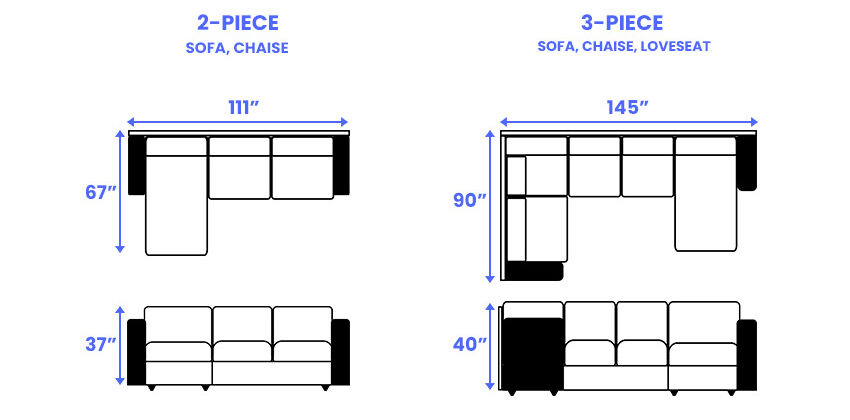2pc and 3pc sectional sofa dimensions