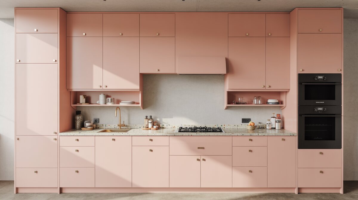 Blush pink retro cabinets along a single wall with brass hardware
