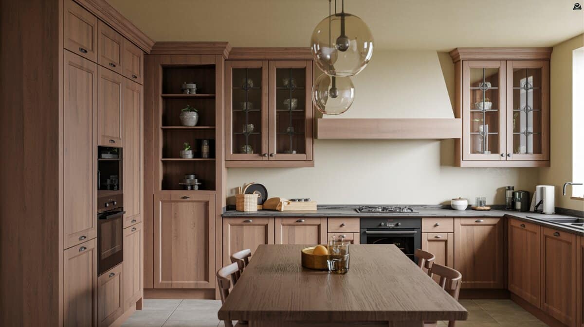 French country kitchen with wood tone cabinets and glass globe pendants