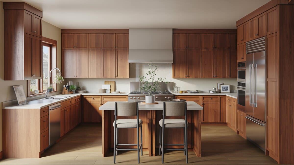 Mission style oak cabinets with stainless appliances and fabric seat stools
