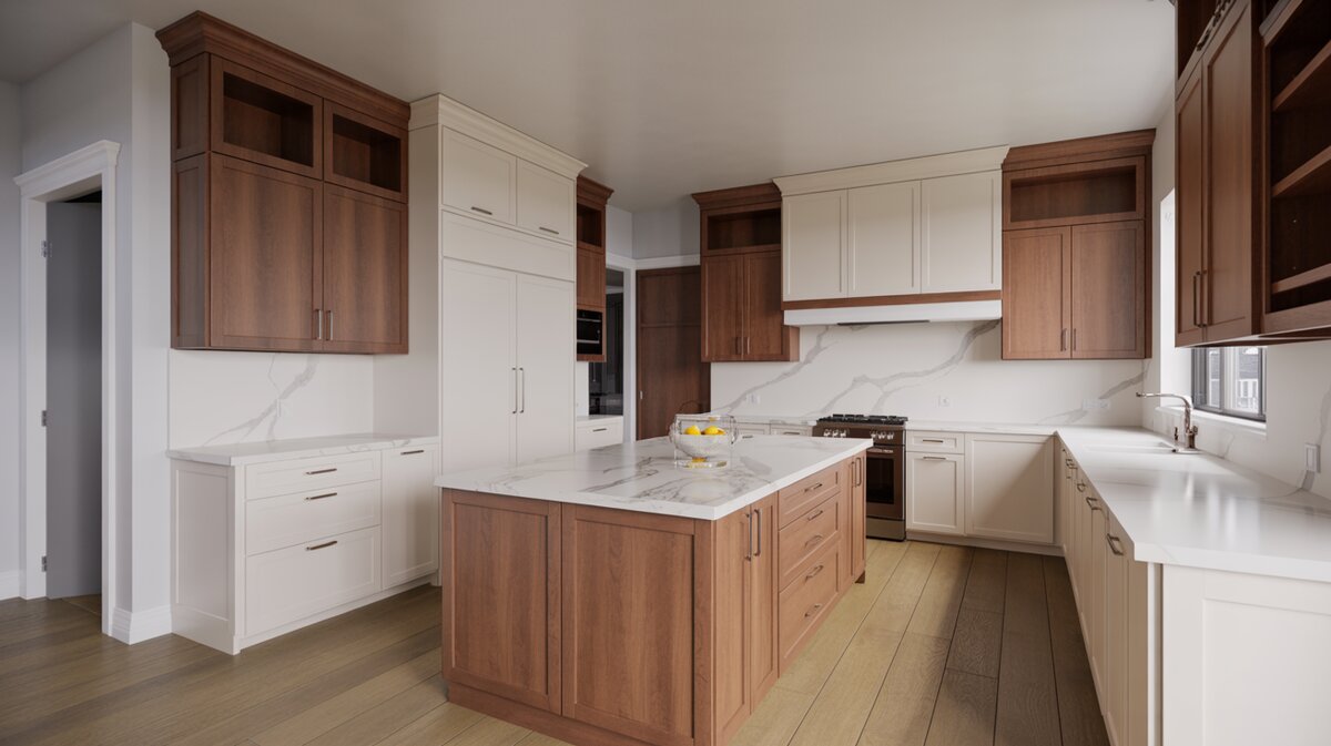 Two tone kitchen with white uppers, wood lowers and Carrara marble island