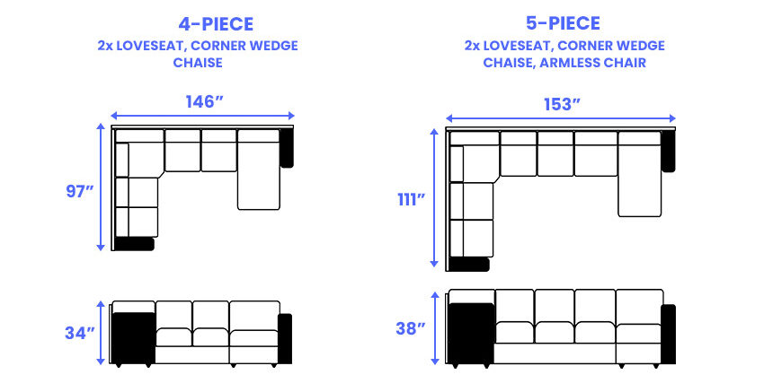 4pc and 5 pc sectional sofa dimensions