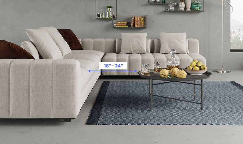 Coffee table placement with sectional and rug