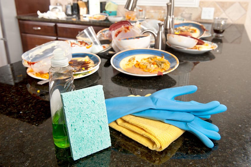 Countertop with dishes and cleaners