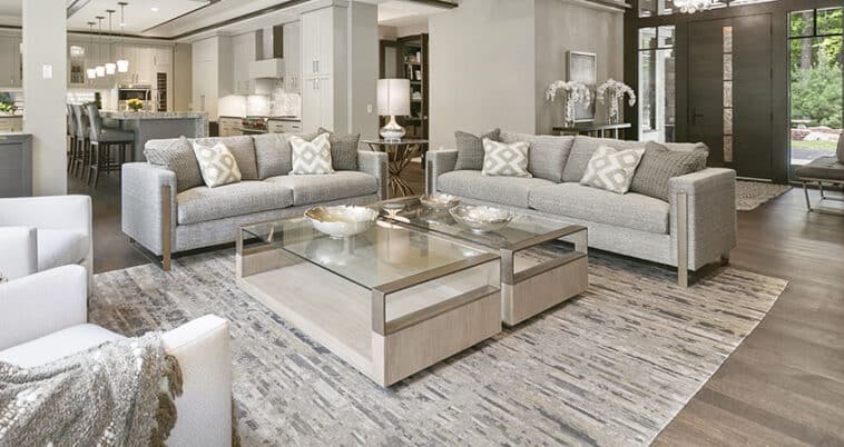 How To Arrange Two Sofas In Living Room   Living Area With Two Sofas Glass Coffee Table Large Rug Gray Color Scheme Is 758x402 