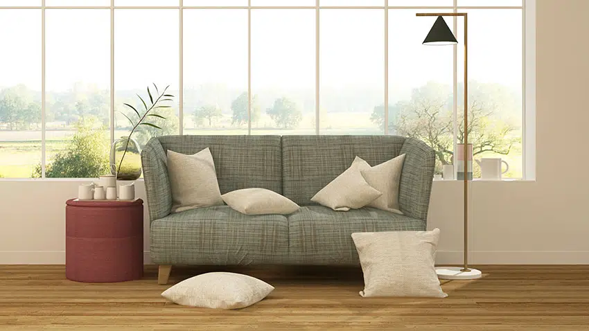 Sofa with coffee table wooden floor lamp shade