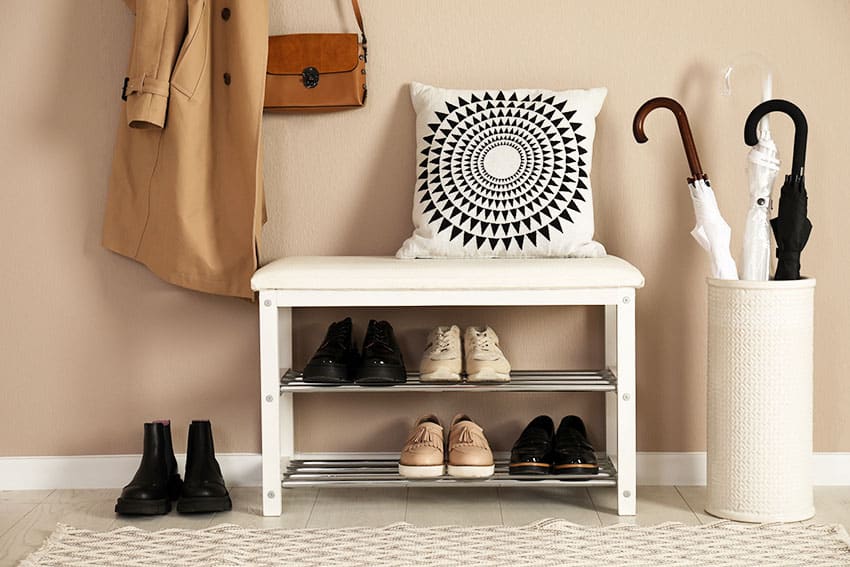Mudroom with shoe rack and umbrella holder