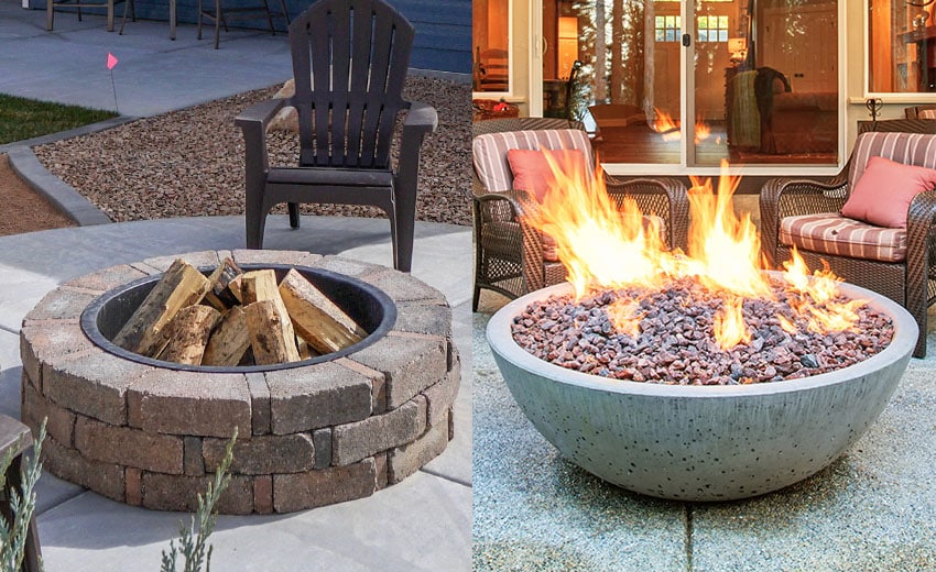 A split image: on the left, a traditional brick fire pit with a chair, and on the right, a modern fire bowl on a patio near seating.