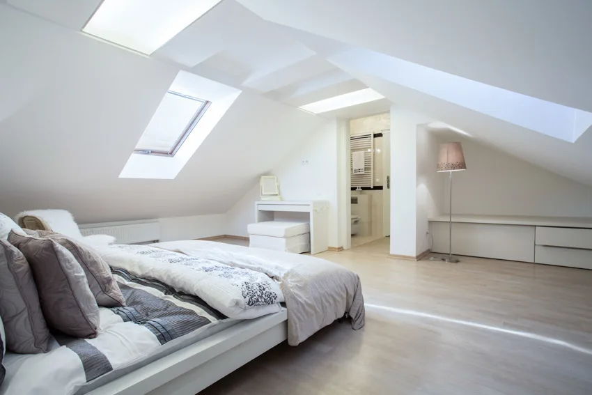 Airbnb bedroom with skylight windows, wood floor, and bed