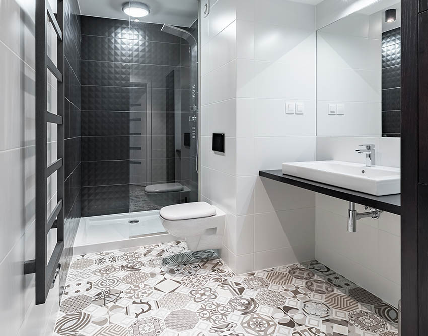 Bathroom with peel stick tile flooring