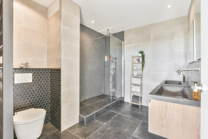 Bathroom with raised shower space, grey penny tiles and dual sink countertop