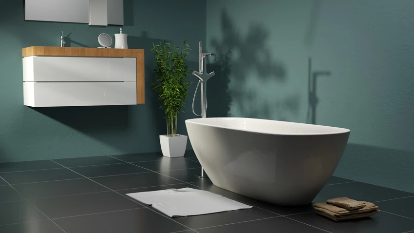 Bathroom with tub, slate, floors, and indoor plant