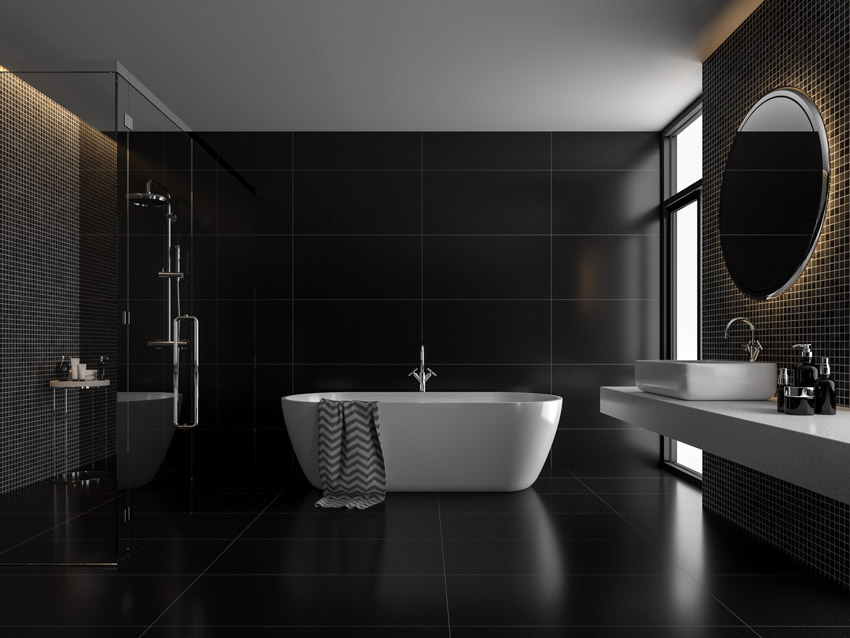 Black bathroom with acrylic tub, shower area, glass divider, mirror, sink, and countertop