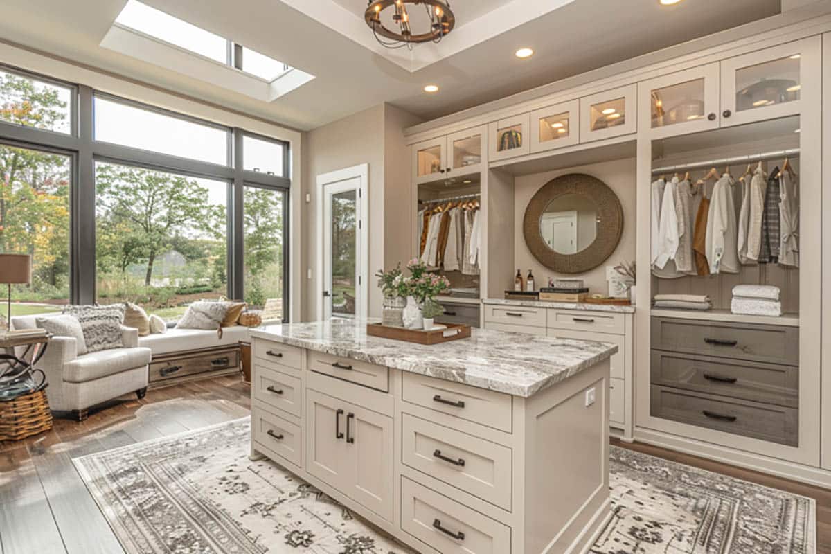 Bright natural light closet with picture windows, two-tone cabinetry and granite surface