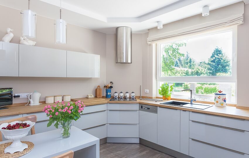 Bright kitchen with pull down shades