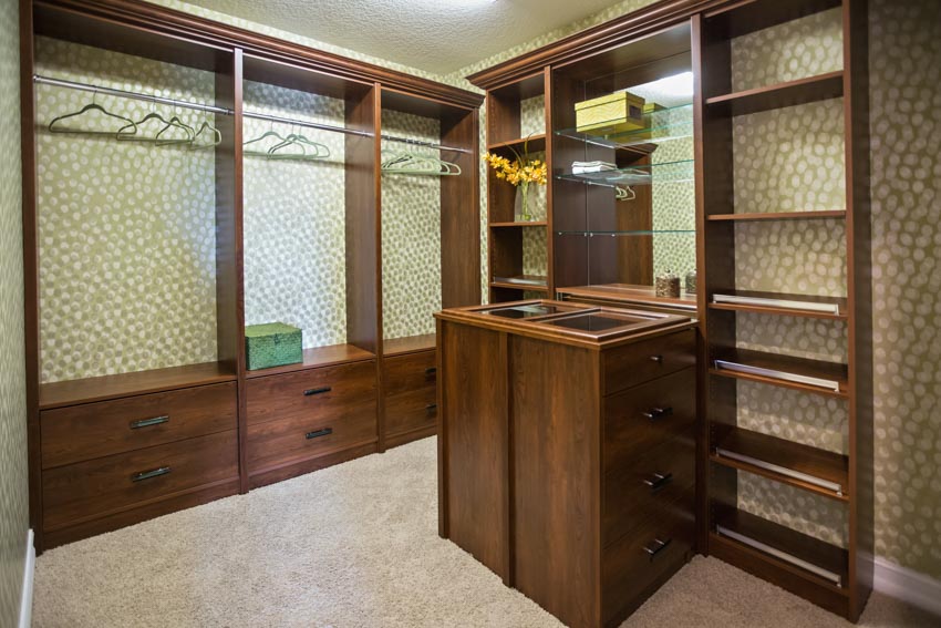 Closet with wooden drawer and storage