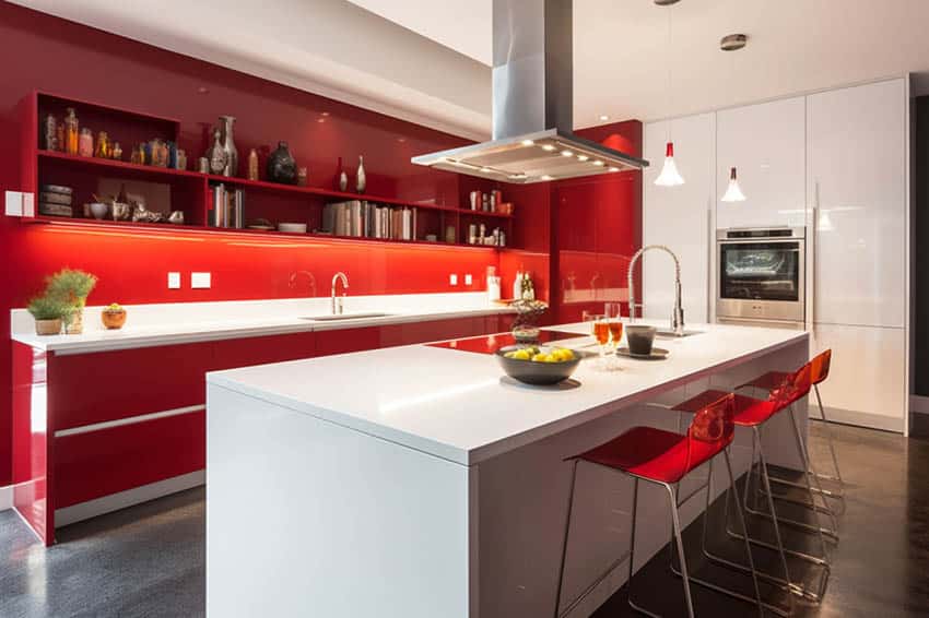 Bright red cabinets and wall with white island