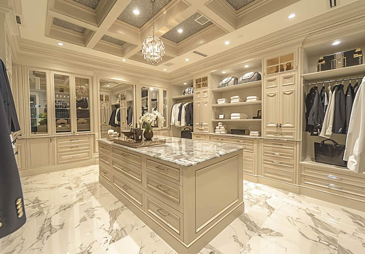 Cream cabinetry with recessed can lights and chandelier