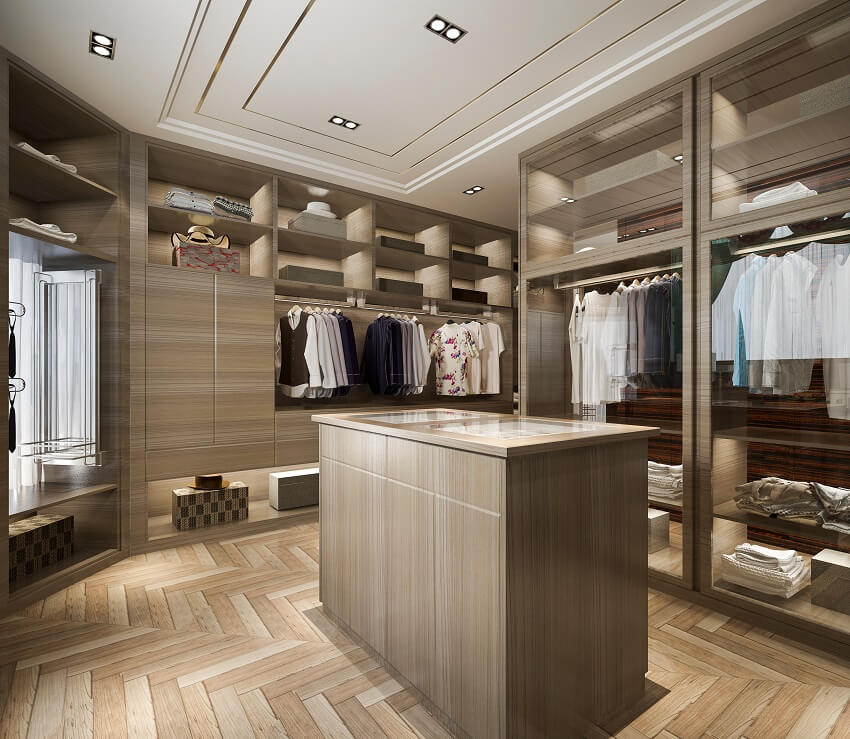 Custom walk-in closet with wood shelves, cabinets, and parquet floor