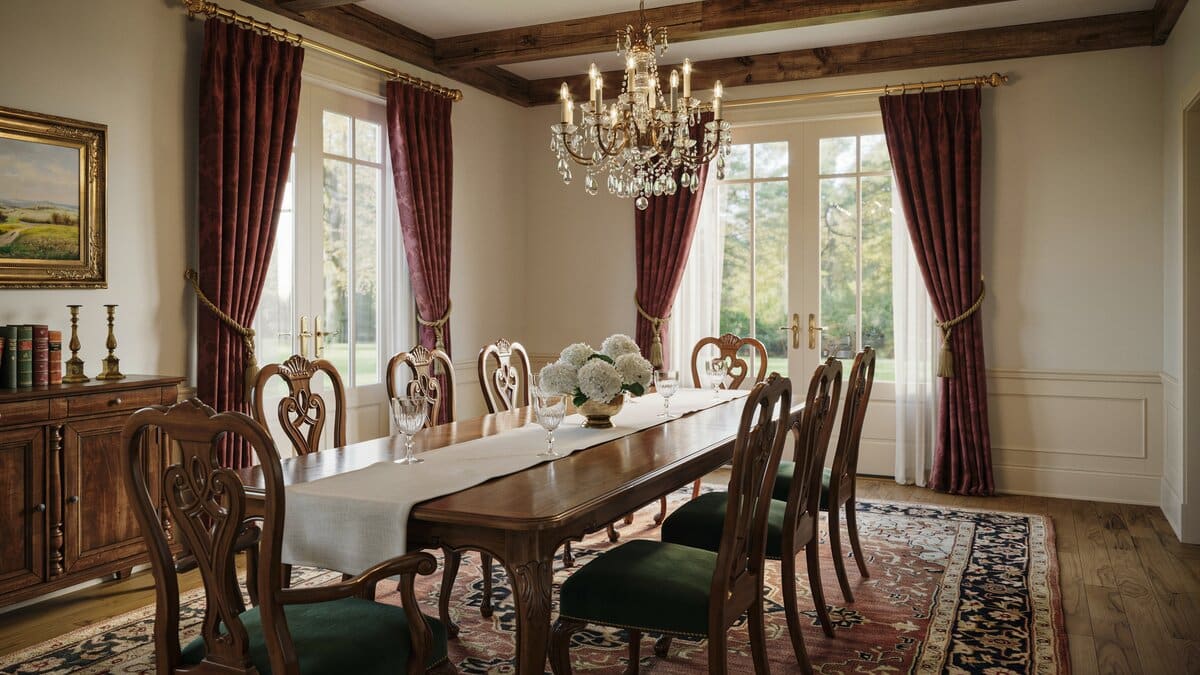 Carved wood dining set with red drapes, beamed ceiling, and crystal chandelier