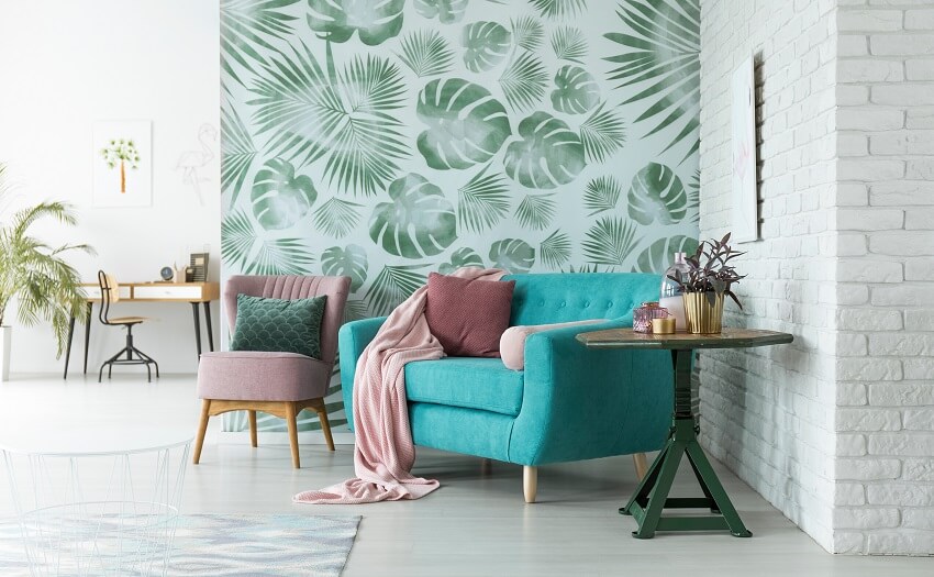 Green peel and stick wallpaper in living room
