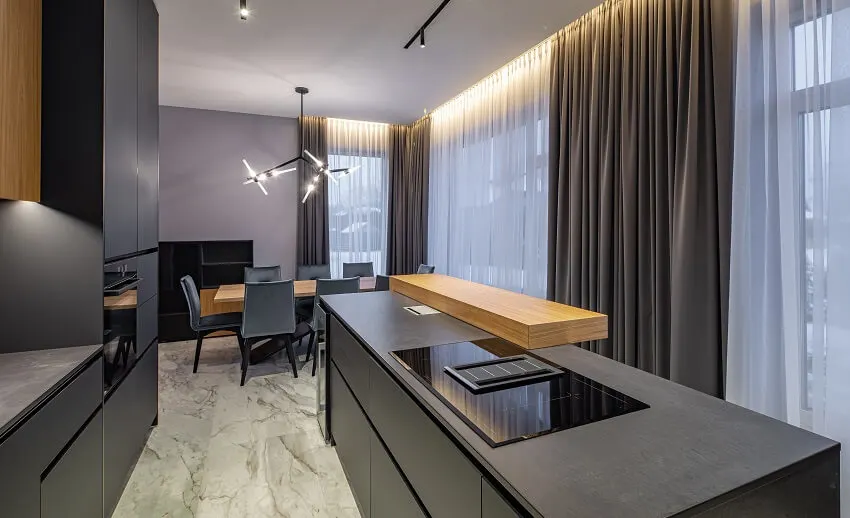 Grey and wooden design kitchen with floor length panels