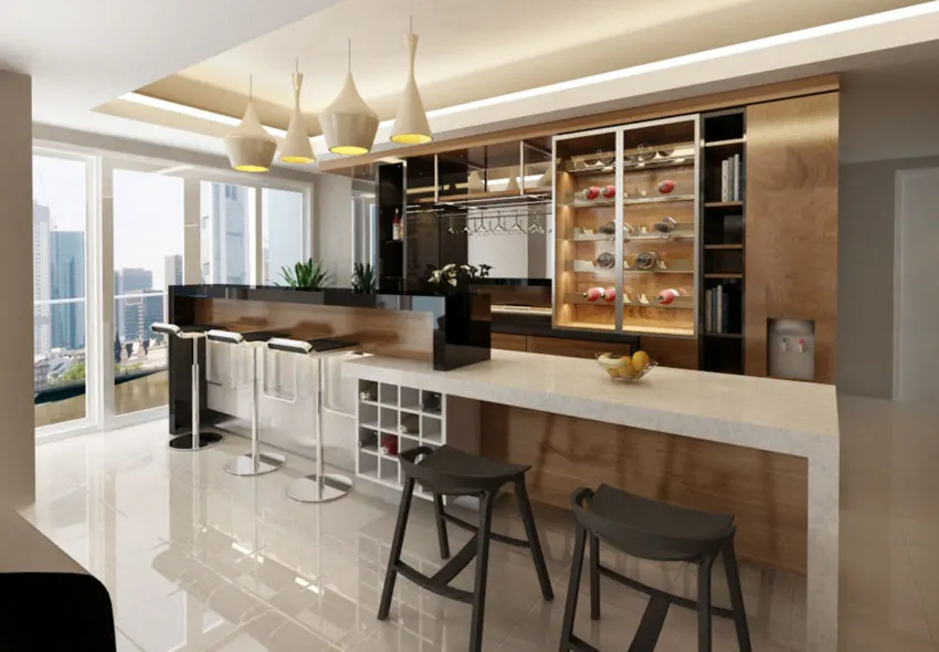 Home interior design with bar, island, countertop, chairs, hanging, lights, and ceramic floors
