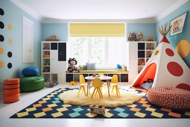 25 Creative Playroom Paint Colors And Ideas Kids Playroom With Light Blue Wall Color Yellow And Black Wall Art Large Storage Cubbies A1 758x505