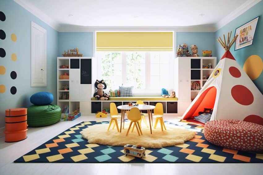 Kids playroom with light blue wall color, yellow chairs and teepee