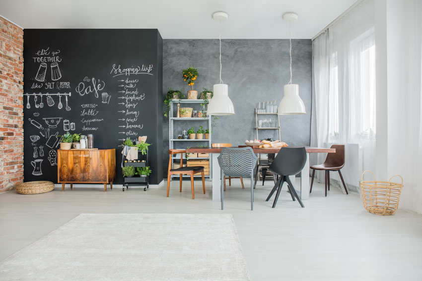 Kitchen and dining space with chalkboard floor to ceiling wall
