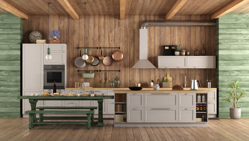 Kitchen with board ceiling and wall