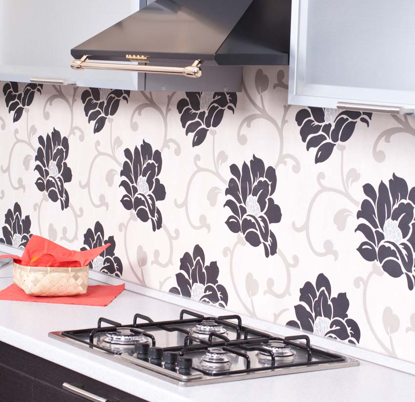 Kitchen with wallpaper backsplash