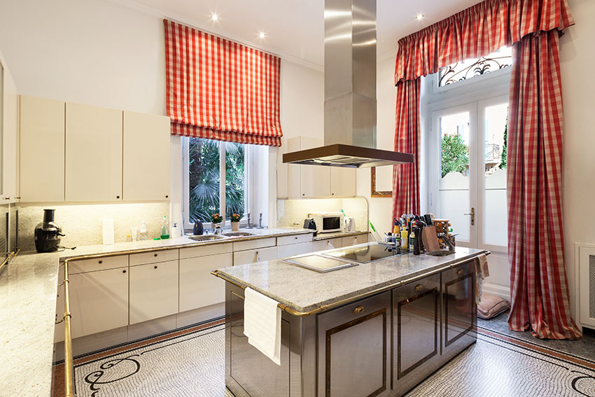 Kitchen with checkered curtains