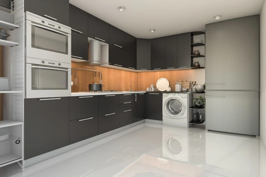 Kitchen With Laundry Machine Black Cabinets And Backsplash Is .webp