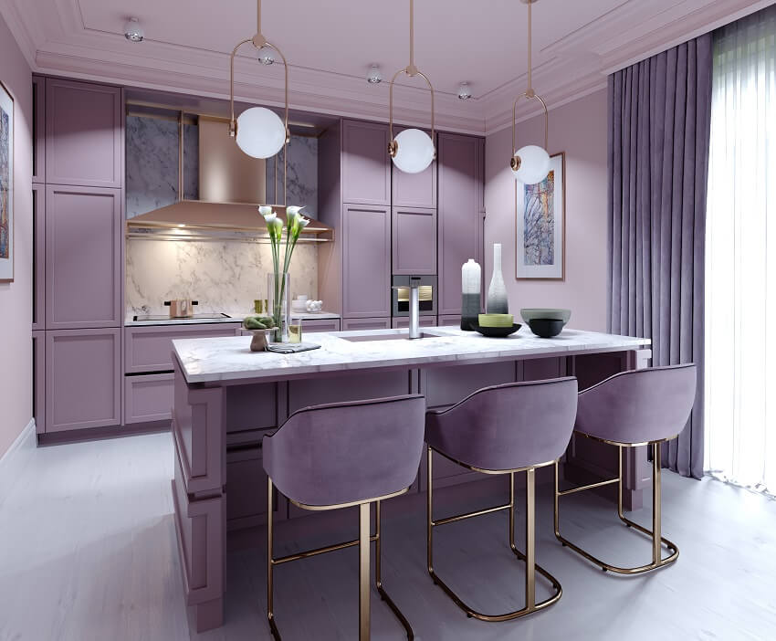 Lilac kitchen interior with pendant lights, island with chairs, and pleated blackout curtain