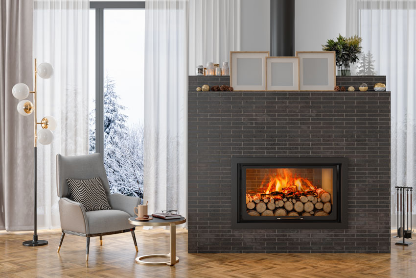 small finger tiles stacked pattern fireplace