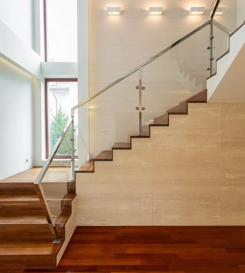 Staircase with wall mounted lighting and windows