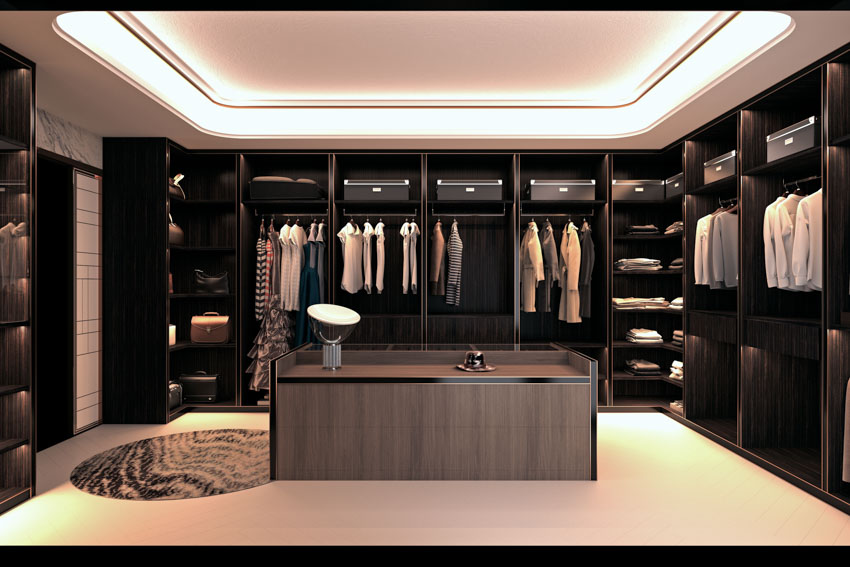 Luxury closet with center storage, open cabinets, and tray ceiling