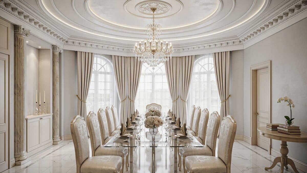 Ivory dining room with glass table, tall windows, and ornate domed ceiling