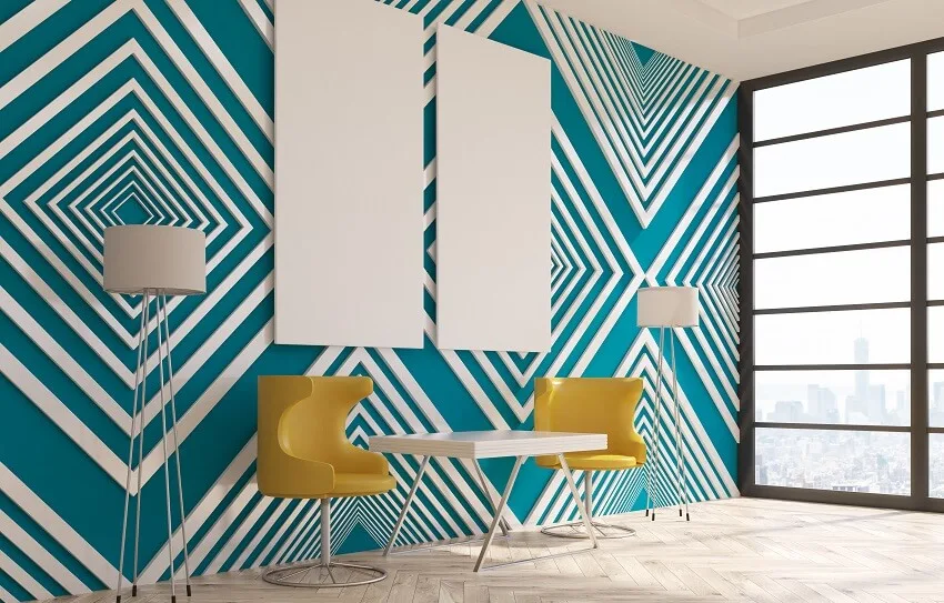Modern interior with striped blue pattern wallpaper