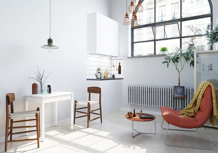 Modern scandinavian style interior with arched window, furniture, and wall mounted heater