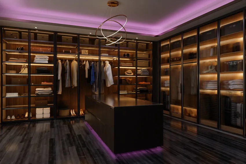 Closet with accent lighting and wood parquet floors