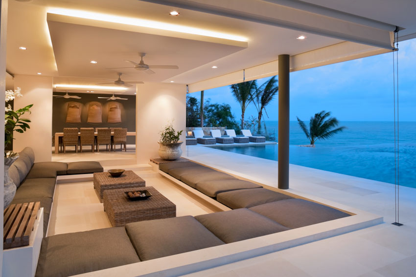 Outdoor area with ottoman, sofa, cushion, recessed lights, and ceiling fans