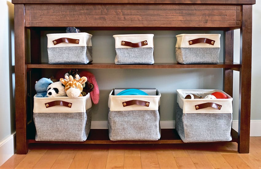 Playroom desk with bin toy storage